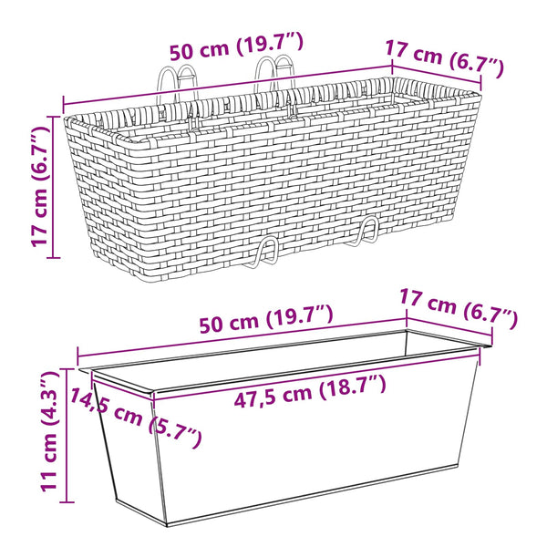 Balkon Pflanzkästen Schwarz 50 cm, 2er Set