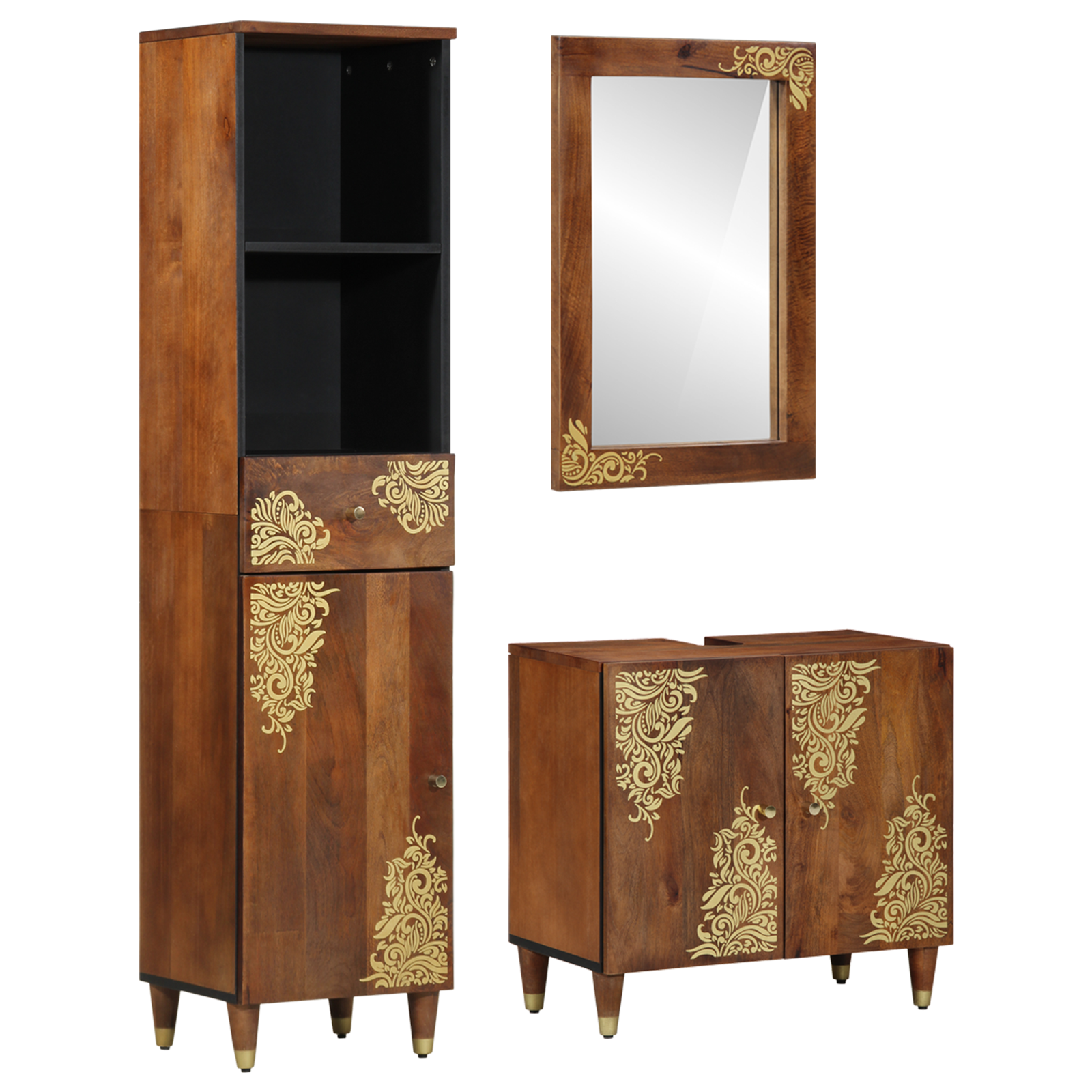 Badezimmerschrank Set Honigbraun Mango 3-teilig