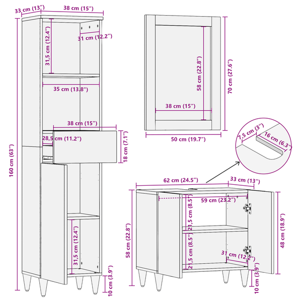 Badezimmerschrank Set Honigbraun Mango 3-teilig