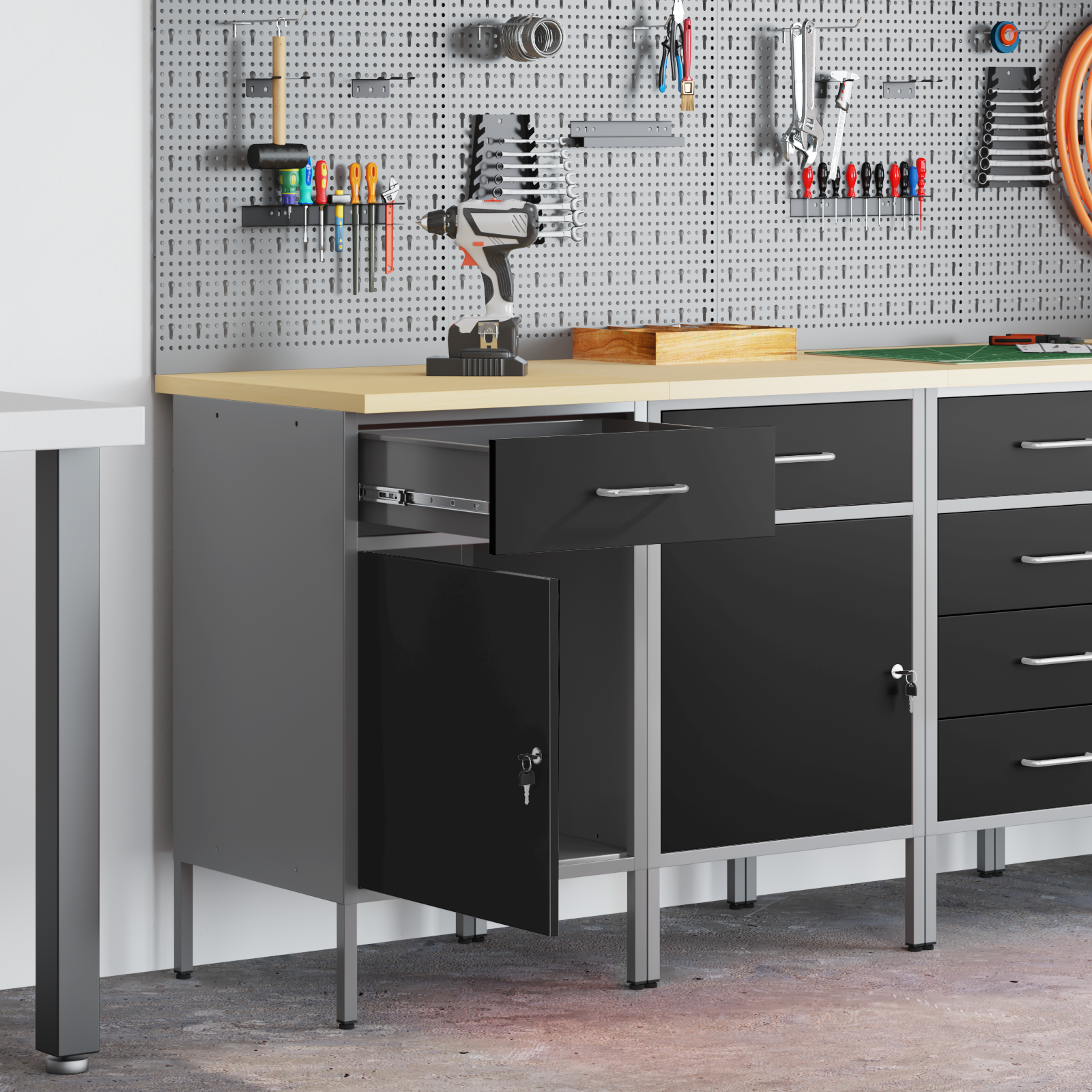 Werkbank mit Schubladen, 2er-Set, Schwarz/Grau, 100 cm