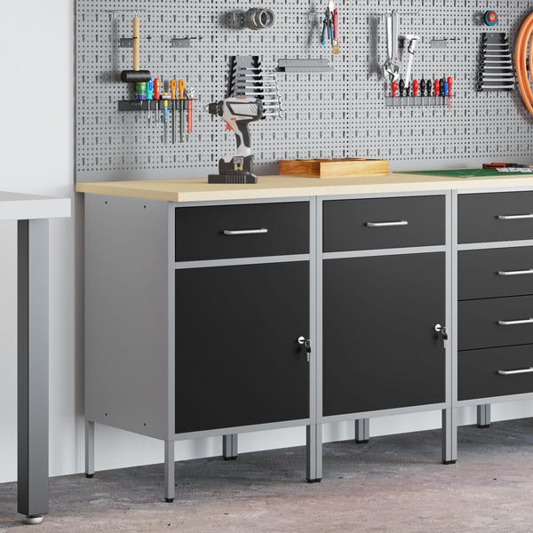Werkbank mit Schubladen, 2er-Set, Schwarz/Grau, 100 cm