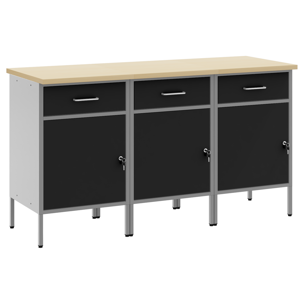 Werkbank Schwarz/Grau mit 3 Schubladen 150 cm