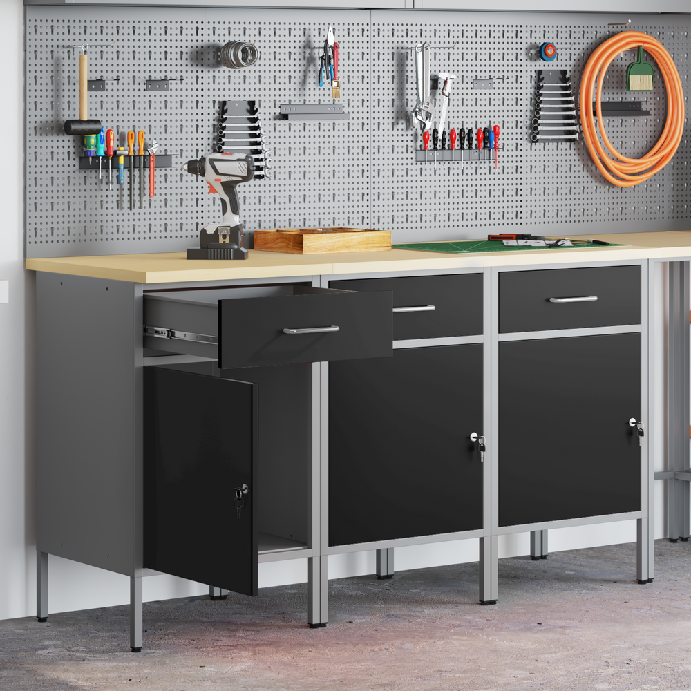 Werkbank Schwarz/Grau mit 3 Schubladen 150 cm