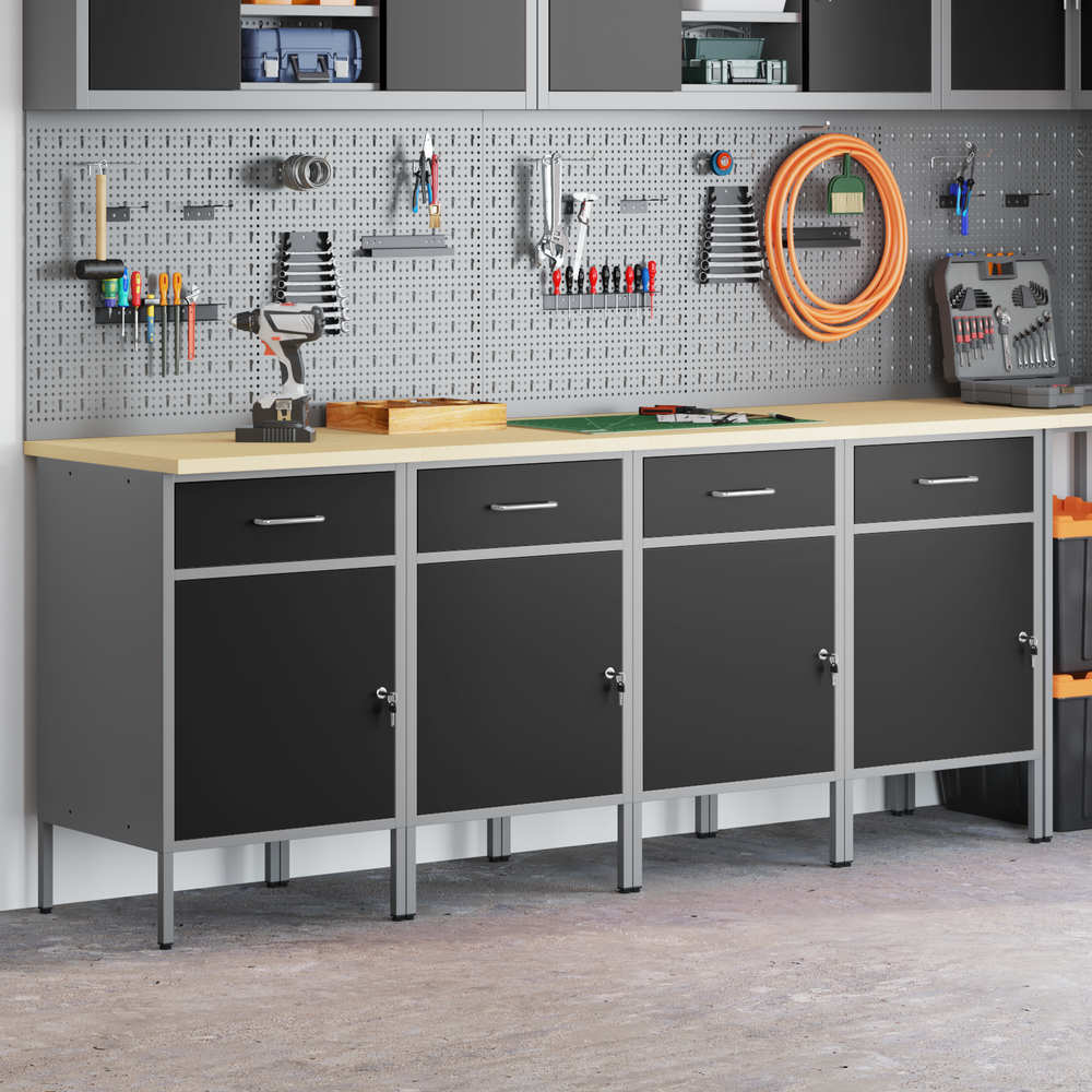 Werkbank mit Schubladen, Schwarz/Grau, 200 cm