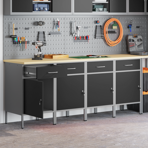 Werkbank mit Schubladen, Schwarz/Grau, 200 cm