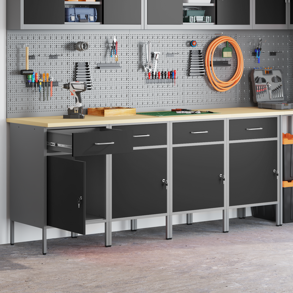 Werkbank mit Schubladen, Schwarz/Grau, 200 cm