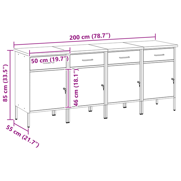Werkbank mit Schubladen, Schwarz/Grau, 200 cm