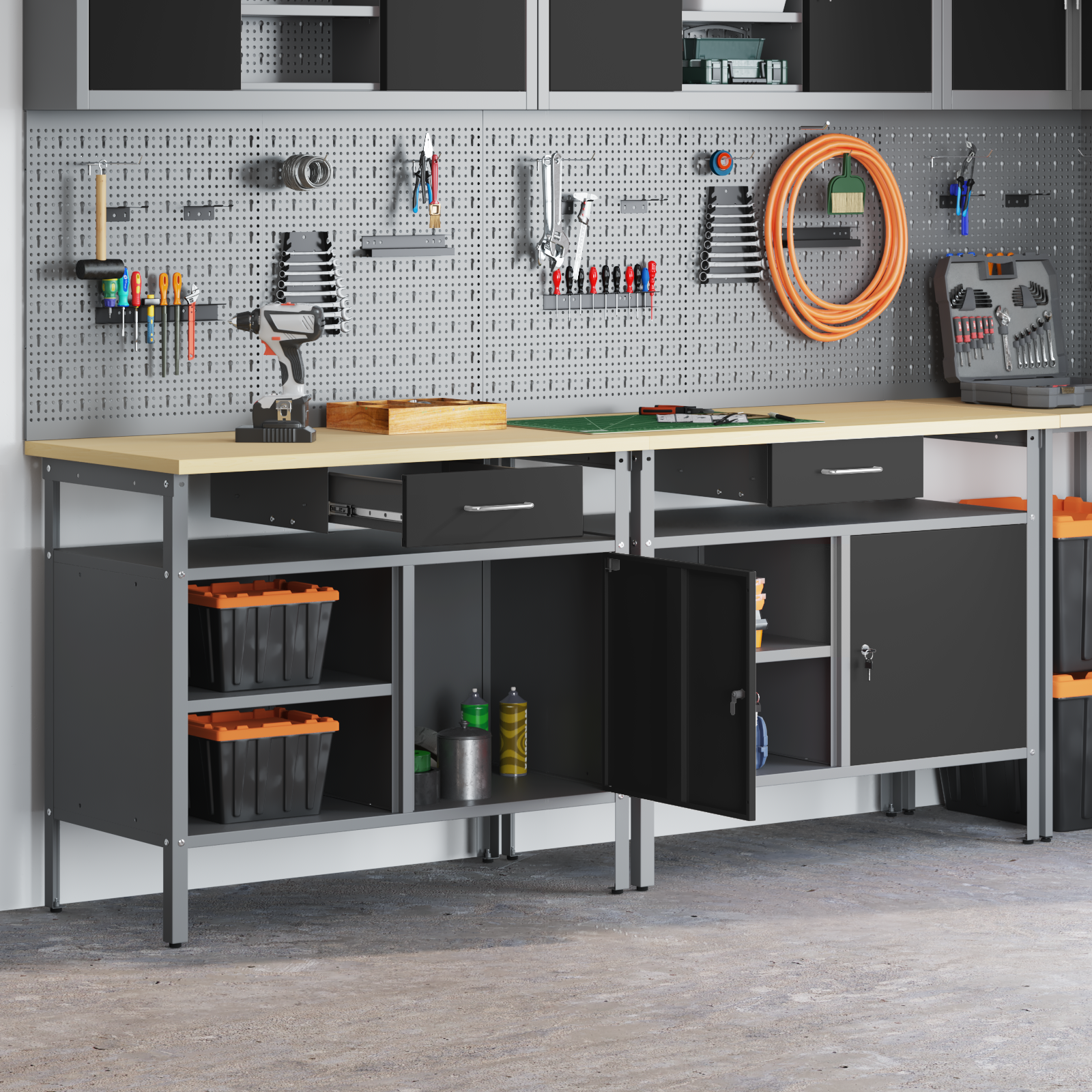 Werkbank Set mit Regal, Schwarz/Grau
