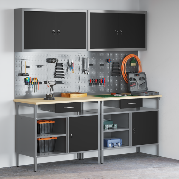 Werkbank Set 8-teilig Stahl Schwarz/Grau