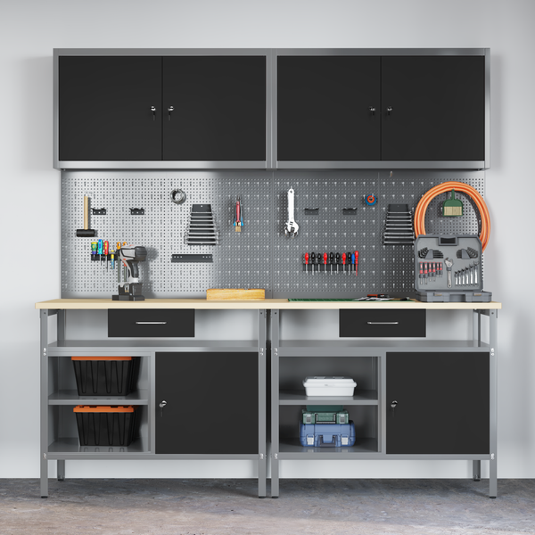 Werkbank Set 8-teilig Stahl Schwarz/Grau