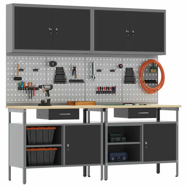 Werkbank Set 8-teilig Stahl Schwarz/Grau