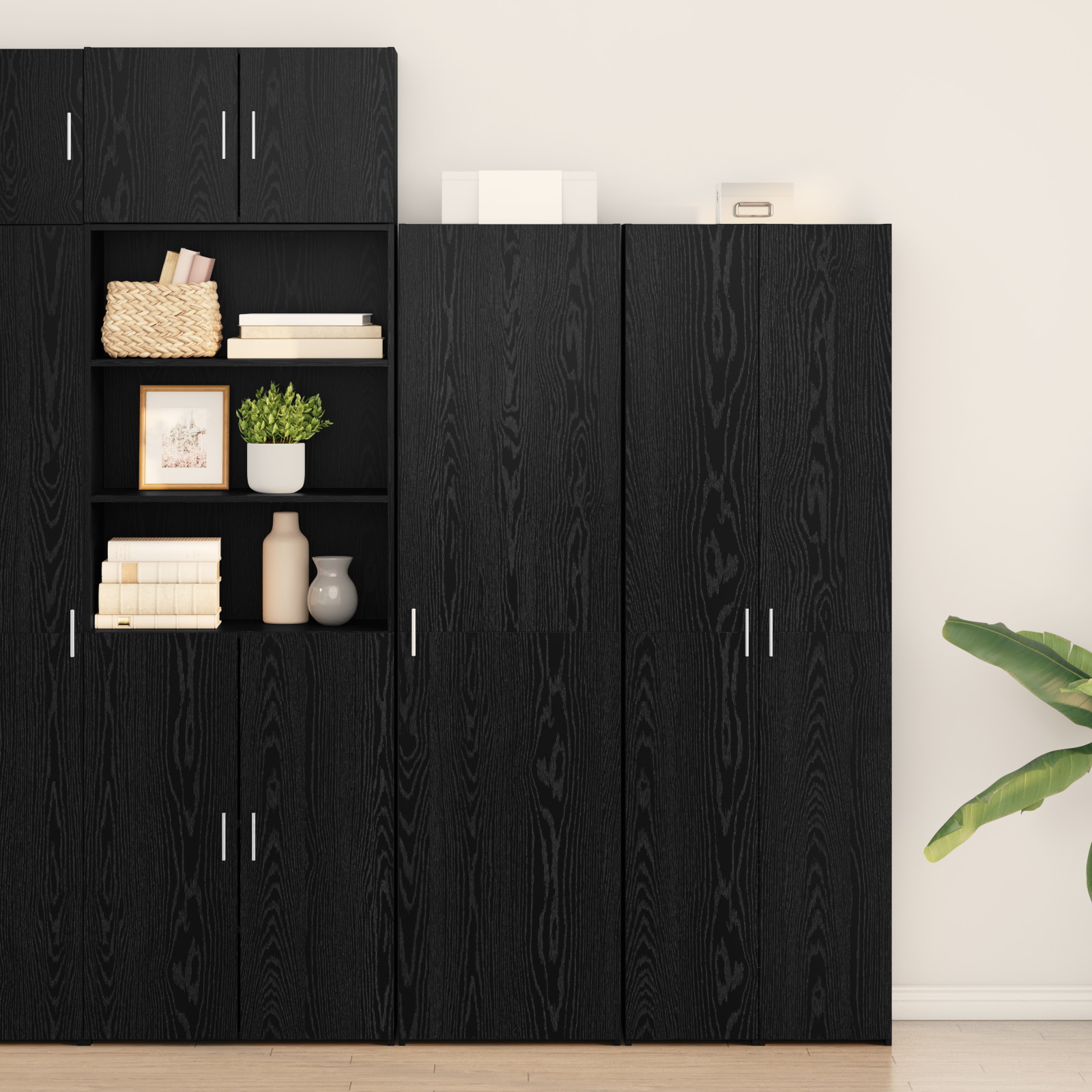 Highboard Schwarz Eichenoptik, 2er-Set