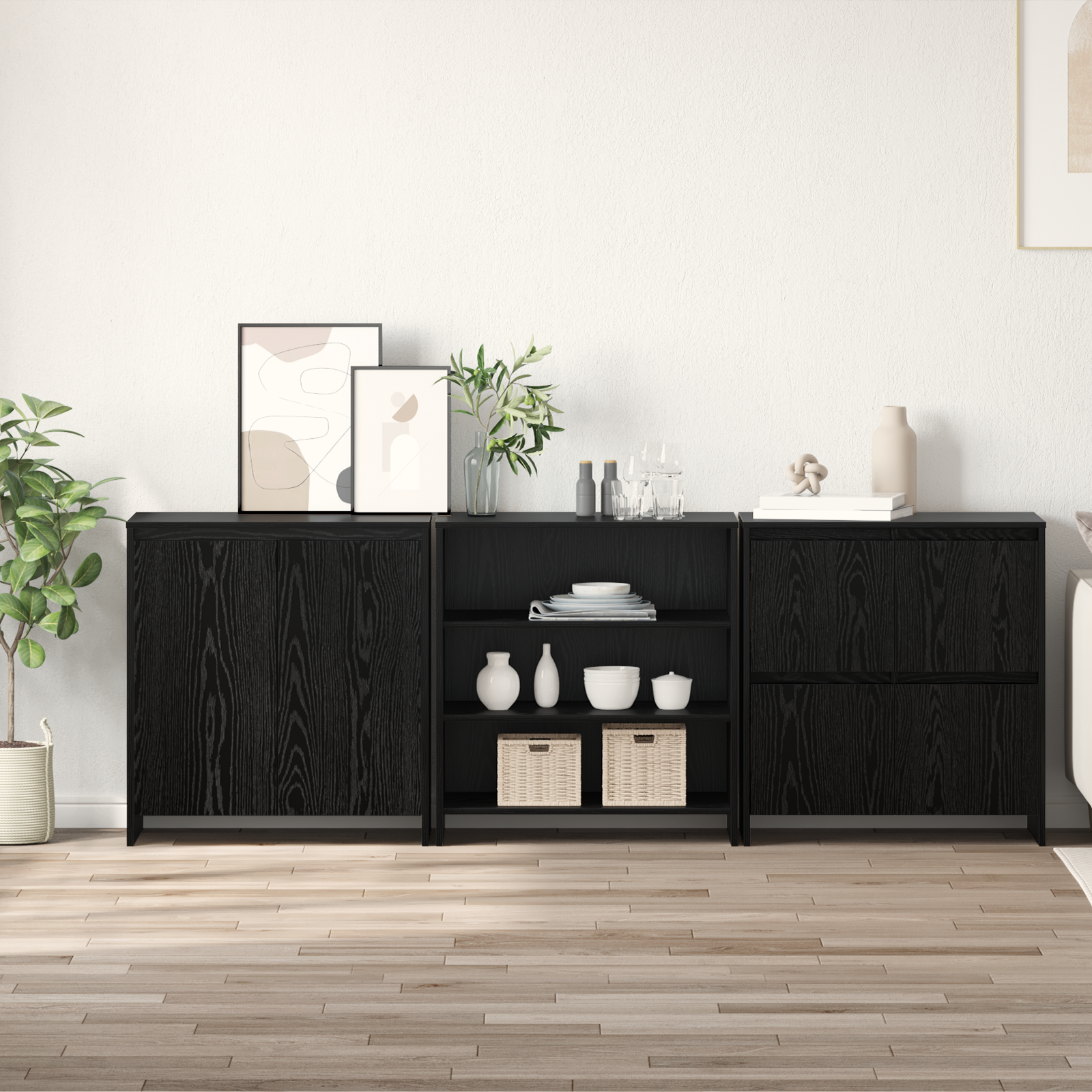 Schwarzes Sideboard mit Eichen-Optik, 3-teilig