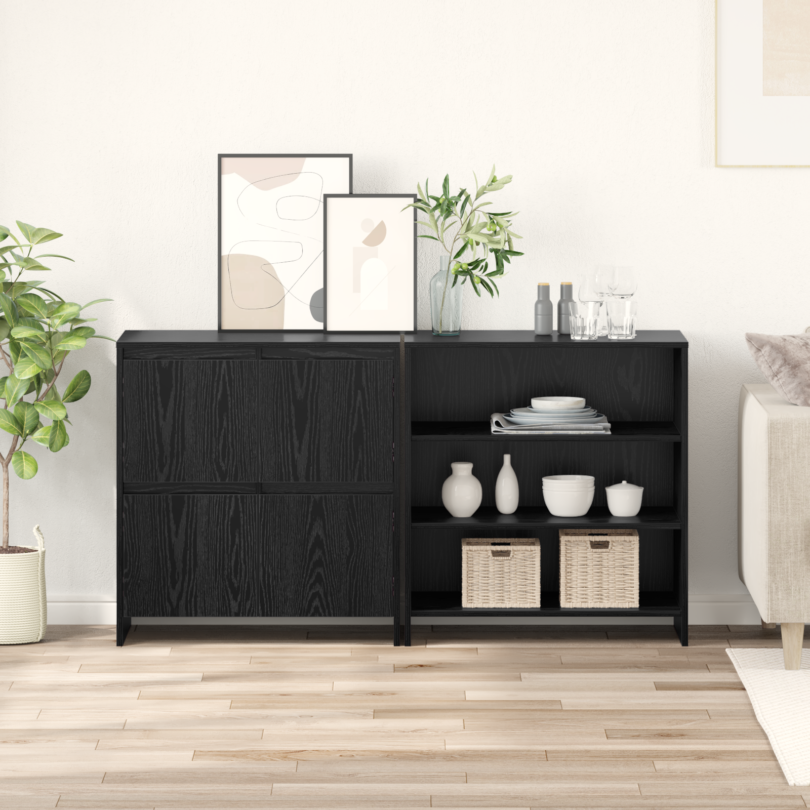 Sideboard 2er Set Schwarz Eiche Optik