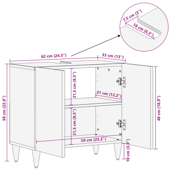 Meuble sous-lavabo vidaXL avec rangement marron miel 62 x 33 x 58 cm
