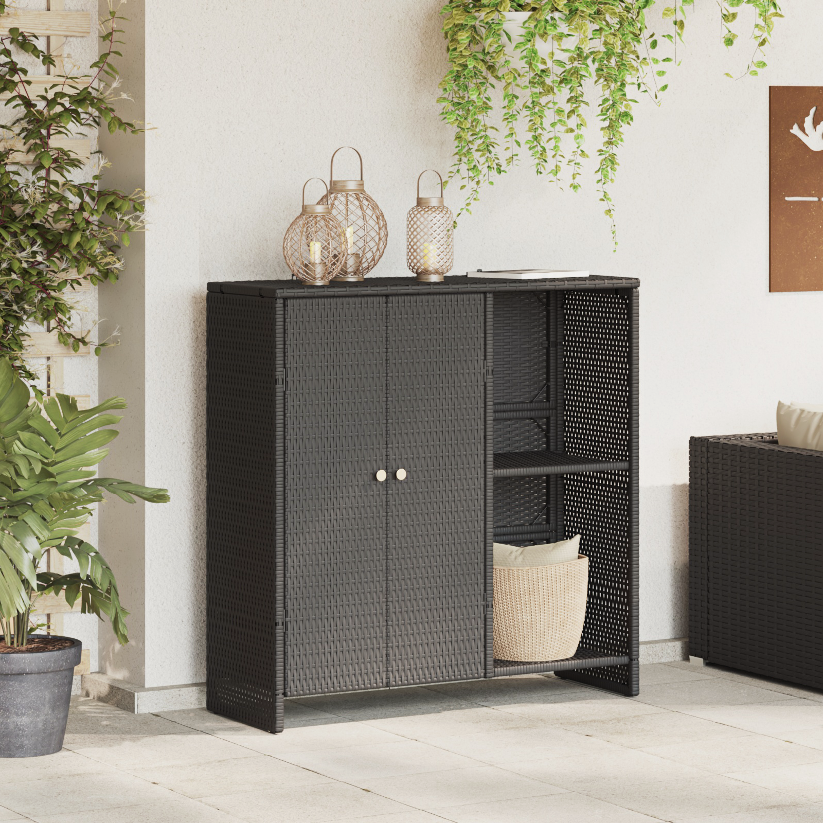 Schwarzer Rattan Aufbewahrungsschrank mit Regal