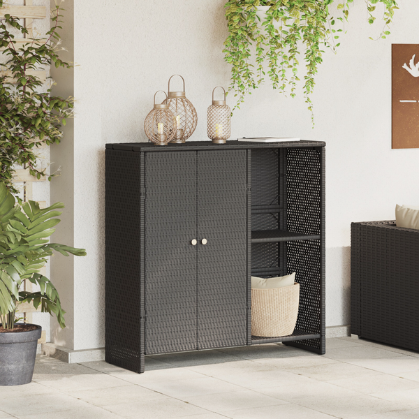 Schwarzer Rattan Aufbewahrungsschrank mit Regal
