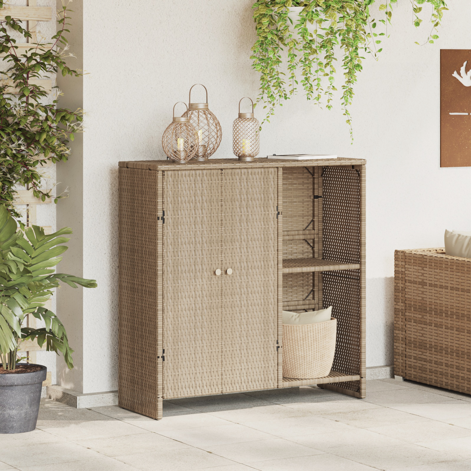 Beiger Rattan Aufbewahrungsschrank mit Regal