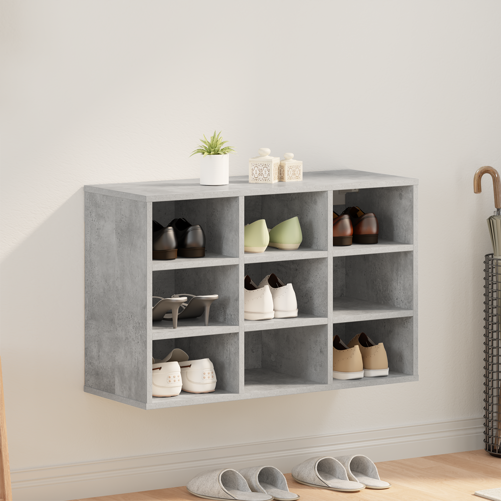 Betongrauer Schuhschrank aus Holz