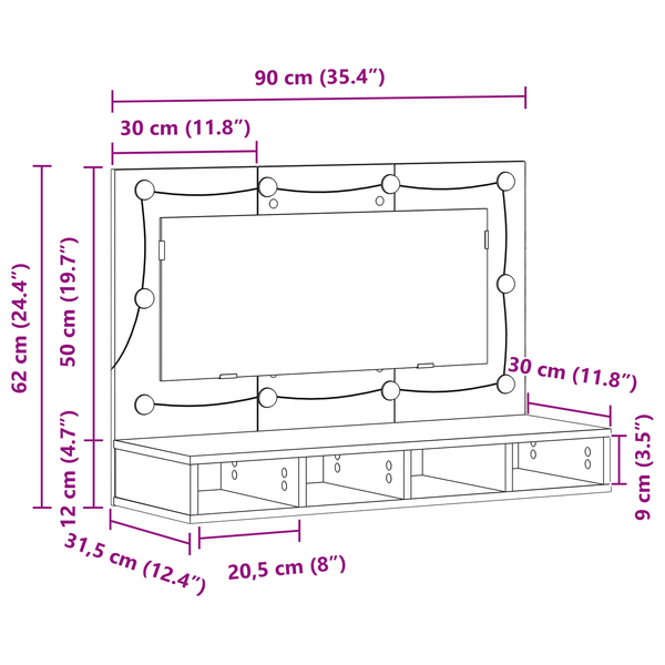 Spiegelschrank mit Regal, Schwarz Eiche, 90 cm