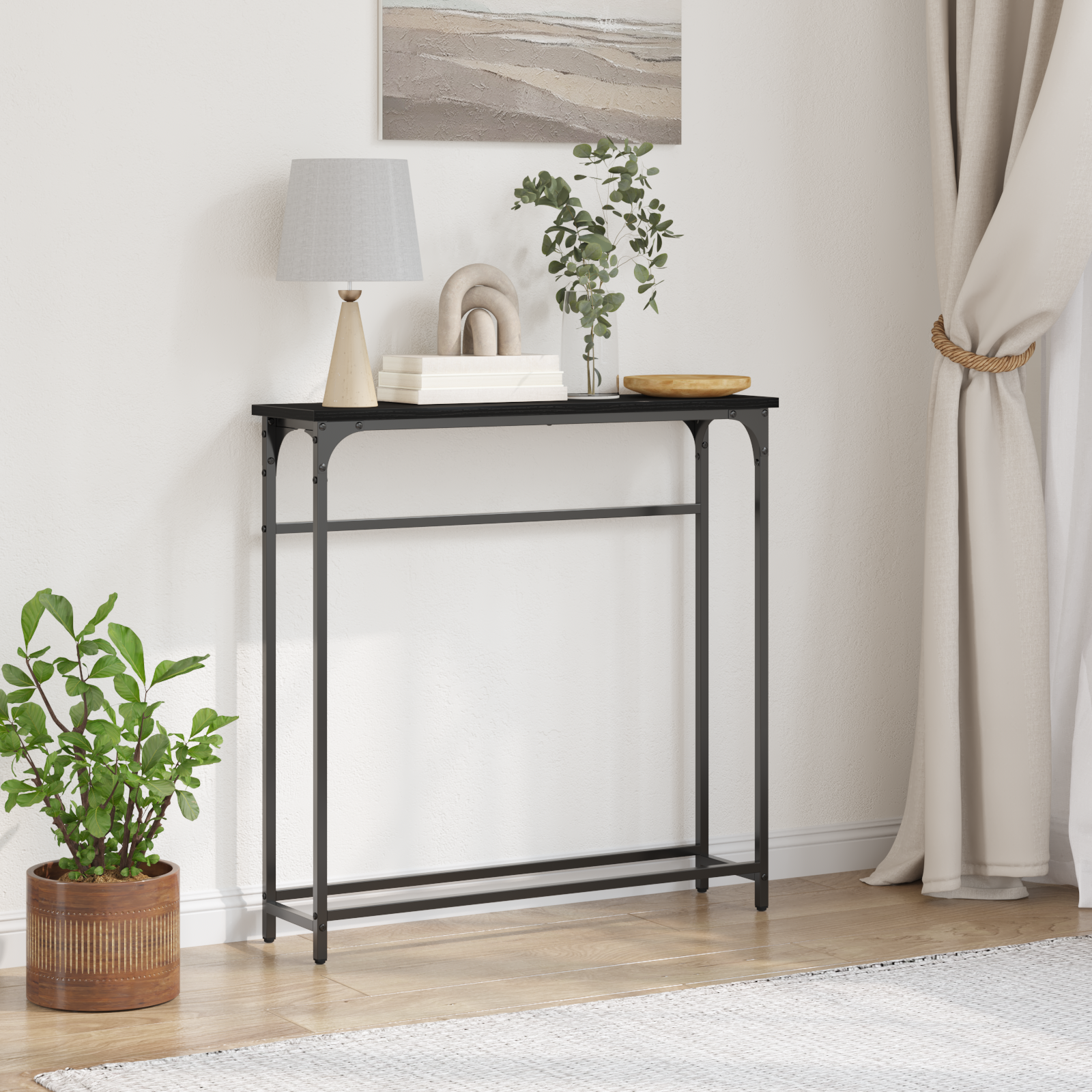 Schwarzer Konsolentisch mit Regal Eichenoptik