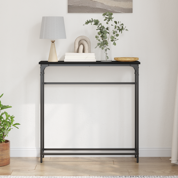 Schwarzer Konsolentisch mit Regal Eichenoptik