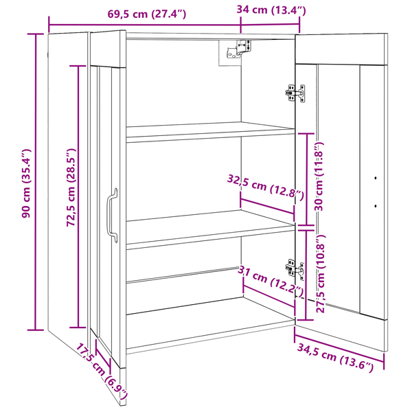 Wandmontierter Hängeschrank Altholz 69,5x34x90cm